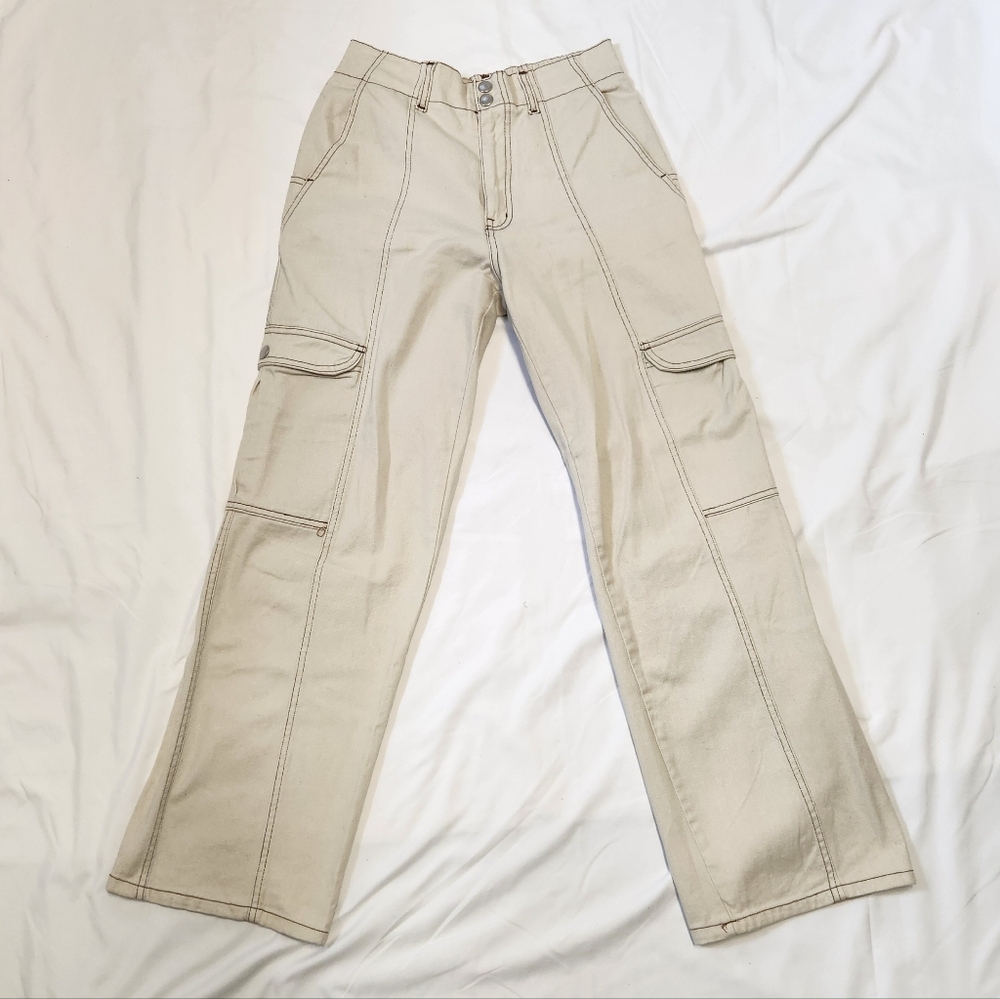 RSQ Cargo‎ Pants Women Small Beige Baggy Loose fit Smock Waist